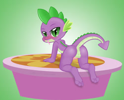 Size: 2100x1700 | Tagged: explicit, artist:pyruvate, artist:reduxdrawer8k, spike, comic:dragon queen, anthro, anus, ass, blushing, bottomless, butt, digitigrade anthro, dragon, dragonbutt, edit, feet, femboy, foalcon, g4, girly, imported from derpibooru, male, nudity, penis, raised tail, solo, solo male, stage, tongue bite, tongue out