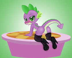 Size: 2100x1700 | Tagged: explicit, artist:pyruvate, artist:reduxdrawer8k, spike, comic:dragon queen, anus, ass, blushing, bottomless, butt, clothes, dragon, dragonbutt, edit, femboy, foalcon, g4, girly, high heels, imported from derpibooru, legwear, male, nudity, penis, raised tail, solo, solo male, stage, stockings, the ass was fat, thigh highs, tongue bite, tongue out