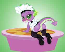 Size: 2100x1700 | Tagged: explicit, artist:pyruvate, artist:reduxdrawer8k, spike, comic:dragon queen, anus, ass, balls, blushing, bottomless, butt, clothes, crossdressing, dragon, dragonbutt, edit, femboy, foalcon, g4, girly, high heels, imported from derpibooru, legwear, lusty baby dragon maid, maid, maid spike, male, nudity, penis, raised tail, sissy, skirt, skirt boner, solo, solo male, stage, stockings, thigh highs, tongue bite, tongue out