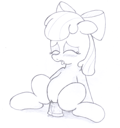 Size: 2189x2336 | Tagged: explicit, artist:an-tonio, apple bloom, blushing, dildo, eyes closed, female, foalcon, g4, high res, imported from derpibooru, masturbation, monochrome, sex toy, solo, solo female, tongue out, traditional art, vaginal secretions