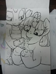 Size: 960x1280 | Tagged: explicit, artist:buttercupsaiyan, spike, twilight sparkle, blowjob, cum, dragon, female, foalcon, g4, hemipenis, imported from derpibooru, interspecies, male, monochrome, nudity, oral, penis, ship:twispike, shipping, straight, traditional art