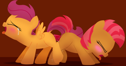 Size: 3600x1886 | Tagged: explicit, artist:dtcx97, babs seed, scootaloo, anus, blank flank, blushing, butt to butt, clitoris, dildo, doubleheaded dildo, duo, duo female, earth pony, female, filly, foal, foalcon, g4, imported from derpibooru, insertion, lesbian, nudity, orgasm, pegasus, pony, sex toy, ship:babscoot, shipping, tongue out, vaginal secretions