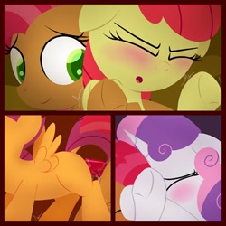 Size: 408x408 | Tagged: explicit, artist:dtcx97, apple bloom, babs seed, scootaloo, sweetie belle, applecest, blushing, cmc foursome, cousin incest, cousins, cutie mark crusaders, dildo, female, foalcon, g4, imported from derpibooru, incest, lesbian, pony, sex toy, ship:appleseed, shipping, vaginal secretions