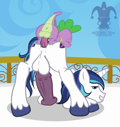 Size: 1429x1500 | Tagged: explicit, artist:blargsnarf, shining armor, spike, age difference, anal, anus, ass, butt, colt, colt on stallion, dragon, dragon on pony action, foal, foalcon, g4, gay, horsecock, imported from derpibooru, interspecies, male, nudity, penis, plot, pony, ship:spikemor, size difference, small dom big sub, stallion, unicorn