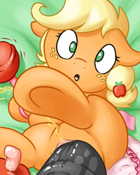 Size: 1000x1250 | Tagged: explicit, artist:fearingfun, applejack, babycon, cute, diaper, female, foal, foalcon, g4, genitals, horsecock, implied big macintosh, imported from derpibooru, jackabetes, male, male pov, nudity, offscreen character, open diaper, pacifier, penis, pissing, pov, rattle, sex, straight, underhoof, urethra, urine, urine stream, vaginal, vulva, watersports, younger