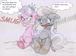 Size: 3289x2434 | Tagged: explicit, artist:reimon-master-ii, diamond tiara, silver spoon, ballgag, blushing, bondage, cloth gag, dialogue, engrish, female, females only, foalcon, g4, gag, high res, imported from derpibooru, kidnapped, sex toy, traditional art, underhoof, vibrator