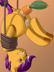Size: 2016x2676 | Tagged: explicit, artist:kevinsano, scootaloo, anal foodplay, anal insertion, bondage, carrot, carrot insertion, creampie, cum, female, foalcon, food, foodplay, g4, high res, implied straight, imported from derpibooru, insertion, lip bite, pegasus, pony, solo, solo female, suspended, vaginal secretions