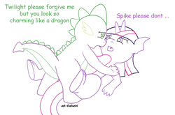 Size: 1000x660 | Tagged: grimdark, questionable, artist:caluriri, spike, twilight sparkle, dragon, dragonified, female, foalcon, g4, hemicorn, imminent rape, imported from derpibooru, male, rape, ship:twispike, shipping, species swap, straight