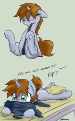 Size: 3377x5409 | Tagged: explicit, artist:jetwave, oc, oc:littlepip, absurd resolution, bed, butt, caught, clothes, comic, cute, cute porn, eyes closed, fallout equestria, fanfic, fanfic art, female, filly, filly littlepip, floppy ears, foal, foalcon, hooves, horn, imported from derpibooru, mare, masturbation, oc only, panties, pillow, plot, pony, self wedgie, simple background, solo, solo female, underhoof, underwear, unicorn, vaginal secretions, vaginal secretions puddle, vaginal wedgie, wedgie, wedgie fetish