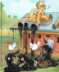 Size: 1500x1812 | Tagged: explicit, artist:smudge proof, apple bloom, applejack, oc, oc:thunder ring, anus, chicken, chicken coop, commission, foalcon, g4, gloop, goo, gunge, imported from derpibooru, messy, nudity, ooze, penis, pipsqueak, ponut, tar, vulva