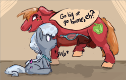 Size: 1200x759 | Tagged: explicit, silver spoon, 30 minute art challenge, bedroom eyes, big dickentosh, big macintosh, dickboop, dicks wearing glasses, dressed genitalia, earth pony, eyes on the prize, floppy ears, foalcon, frown, g4, grin, heart eyes, horsecock, imported from derpibooru, male, nervous, nose wrinkle, nudity, penis, pony, raised leg, reacting to nudity, silvermac, smiling, source needed, stallion, straight, useless source url, wat, wide eyes, wingding eyes
