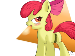 Size: 1600x1200 | Tagged: explicit, artist:vsdrawfag, apple bloom, anatomically correct, anus, bedroom eyes, bloom butt, blushing, butt, clitoris, dark genitals, dock, dripping, estrus, female, foalcon, g4, imported from derpibooru, looking at you, looking back, nudity, open mouth, panting, plot, ponut, solo, solo female, vaginal secretions, vulva, vulvar winking