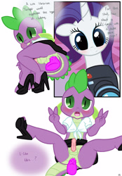 Size: 1741x2500 | Tagged: explicit, artist:pyruvate, rarity, spike, comic:dragon queen, anal insertion, balls, blushing, camera, comic, crossdressing, dildo, dragon, female, femboy, femboy spike, foalcon, front knot midriff, g4, genitals, horn, imported from derpibooru, insertion, maid, maid spike, male, midriff, nudity, penis, pony, sex toy, ship:sparity, shipping, sissy, straight, unicorn