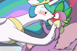 Size: 1200x791 | Tagged: explicit, artist:caluriri, princess celestia, spike, alicorn, blushing, dragon, female, foalcon, french kiss, g4, imported from derpibooru, kissing, male, mare, nudity, penis, pony, ship:spikelestia, shipping, sloppy kissing, straight