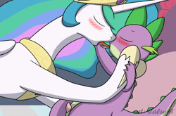 Size: 1200x791 | Tagged: explicit, artist:caluriri, princess celestia, spike, blushing, dragon, eyes closed, female, foalcon, french kiss, g4, imported from derpibooru, kissing, male, nudity, penis, ship:spikelestia, shipping, sloppy kissing, straight