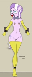 Size: 1014x2433 | Tagged: explicit, artist:endnidhoggson, artist:nidrog, diamond tiara, ankle cuffs, anthro, ballgag, bondage, clothes, collar, delicious flat chest, earth pony, evening gloves, female, filly, foal, foalcon, g4, gag, imported from derpibooru, legwear, nipple piercing, shackles, thigh highs, wide hips