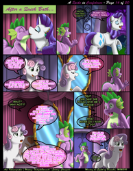Size: 1165x1500 | Tagged: explicit, artist:kitsuneyoukai, rarity, spike, sweetie belle, comic:a spike in confidence, butt, comic, dialogue, dragon, exterior, eyes closed, female, filly, foal, foalcon, g4, happy, imported from derpibooru, interior, kiss on the lips, kissing, love, male, mare, nudity, plot, pony, scheming belle, ship:sparity, shipping, straight, talking, unicorn, vulva, wingless spike