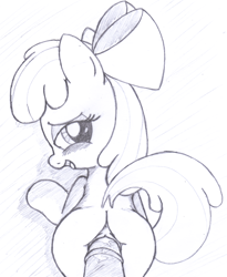Size: 1992x2426 | Tagged: explicit, artist:an-tonio, apple bloom, anus, blushing, female, filly, foal, foalcon, g4, imported from derpibooru, looking back, male, monochrome, nudity, penis, sex, straight, traditional art, vaginal