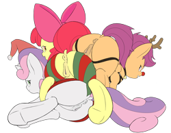 Size: 3600x2800 | Tagged: explicit, artist:vulapa, apple bloom, scootaloo, sweetie belle, anatomically correct, anus, bedroom eyes, blank flank, bloom butt, butt, clitoris, cutie mark crusaders, dock, dogpile, earth pony, female, females only, filly, foal, foalcon, g4, high res, imported from derpibooru, lidded eyes, looking at you, looking back, looking back at you, nudity, pegasus, plot, plot pile, ponut, pony, presenting, raised tail, scootabutt, simple background, smiling, sweetie butt, tail, transparent background, underhoof, unicorn, vulva