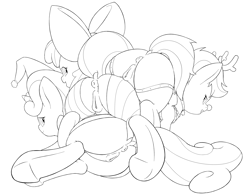 Size: 3600x2800 | Tagged: explicit, artist:vulapa, apple bloom, scootaloo, sweetie belle, anus, butt, cutie mark crusaders, female, filly, foal, foalcon, g4, high res, imported from derpibooru, lineart, monochrome, nudity, plot, ponut, underhoof, vulva