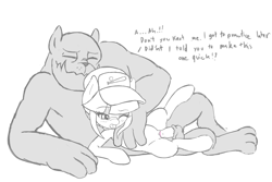 Size: 3000x2000 | Tagged: explicit, artist:lemon, oc, oc:pinch hitter, balls, band-aid, band-aid on nose, baseball cap, blushing, dialogue, diamond dog, diamond dog on filly action, diamond dog on pony action, eyes closed, female, filly, foal, foalcon, grayscale, hat, high res, imported from derpibooru, interspecies, male, monochrome, nudity, oc only, one eye closed, penetration, penis, reasonably sized genitals, sex, size difference, source needed, straight, vaginal