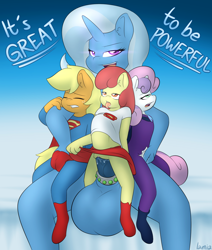 Size: 1100x1300 | Tagged: explicit, artist:lamia, apple bloom, applejack, sweetie belle, abdominal bulge, age difference, age regression, ahegao, anthro, app-el, balls, big penis, clothed sex, clothes, cockring, cosplay, costume, dialogue, drool, earth pony, female, fingering, foalcon, foursome, futa, futa on female, futa on filly, futa trixie, g4, glowing eyes, group sex, horsecock, imported from derpibooru, impossibly large balls, impossibly large penis, intersex, lamia did it again, mare do well, molestation, nudity, open mouth, penis, sex, shirt, size difference, skirt, superfilly, supergirl, superhero, superman, supermare, sweetie do well, tongue out, torn clothes, trixie, trixiebloom, unguligrade anthro, vaginal