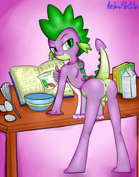 Size: 1286x1631 | Tagged: explicit, artist:anibaruthecat, spike, anus, apron, ass, balls, book, butt, circumcised, clothes, cookbook, cooking, dragon, egg, femboy, foalcon, g4, human penis, imported from derpibooru, male, naked apron, nudity, penis, solo, solo male