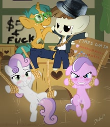 Size: 1280x1480 | Tagged: explicit, artist:devanstar, artist:painbowedits, diamond tiara, sweetie belle, aftersex, anal creampie, blushing, bondage, clothed male nude female, creampie, cum, cum dump, cum string, edit, exhibitionism, featherweight, fedora, foalcon, freckles, g4, group, hat, imported from derpibooru, indoors, looking at you, nudity, pegasus, pimp, pimpin' ain't easy, pony, public, public use, smiling, snails, suspension, sweat, tally, tally marks, text, tiara, unicorn, vagina, wings, young