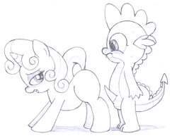 Size: 2490x1953 | Tagged: explicit, artist:an-tonio, spike, sweetie belle, blushing, dragon, erection, female, filly, foal, foalcon, g4, imminent sex, imported from derpibooru, male, monochrome, nudity, penis, pony, presenting, reasonably sized genitals, ship:spikebelle, shipping, straight, tail, tailboner, traditional art, unicorn
