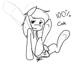 Size: 1088x960 | Tagged: explicit, artist:bye~, balls, bedroom eyes, clothes, colt, earth pony, foal, foalcon, generic pony, imported from derpibooru, male, monochrome, nudity, panties, pony, rough sketch, rubbing balls, sketch, solo, solo male, underhoof, underwear