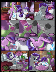 Size: 1165x1500 | Tagged: explicit, artist:kitsuneyoukai, rarity, spike, comic:a spike in confidence, age difference, anus, biting, biting the blanket, butt, comic, creampie, crotchboobs, cum, cumming, dialogue, doggy style, dragon, dragon dick, erection, eyes closed, female, first time, foalcon, g4, happy, imported from derpibooru, interior, internal, internal cumshot, love, male, mare, nipples, nudity, open mouth, orgasm, penetration, penis, plot, ponut, pony, prone, rarity's bedroom, sex, ship:sparity, shipping, smiling, spread legs, straight, talking, teats, unicorn, vaginal, vaginal secretions, virgin, wingless spike, x-ray