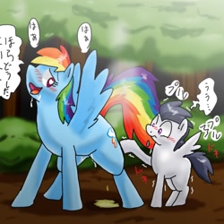 Size: 400x400 | Tagged: explicit, artist:kushina13, rainbow dash, blushing, drool, estrus, female, foalcon, frown, g4, heart eyes, imminent hoofing, imported from derpibooru, japanese, looking back, male, open mouth, rumble, ship:rumbledash, shivering, smiling, source needed, speech bubble, spread wings, straight, straight shota, useless source url, vaginal secretions, wide eyes, wingboner, wingding eyes, wings