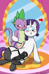 Size: 791x1200 | Tagged: explicit, artist:caluriri, rarity, spike, blushing, clothes, dragon, foalcon, futa, futa on male, futa rarity, g4, garter belt, heart, horsecock, imported from derpibooru, intersex, legwear, male, mirror, nudity, penis, precum, ship:sparity, shipping, socks, stockings, thigh highs
