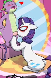 Size: 791x1200 | Tagged: explicit, artist:caluriri, rarity, spike, age difference, blowjob, blushing, boutique, butt, dragon, eyes closed, female, foalcon, g4, glasses, heart, imported from derpibooru, male, mirror, nudity, oral, penis, plot, pony, sex, ship:sparity, shipping, straight