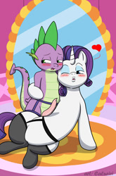 Size: 791x1200 | Tagged: explicit, artist:caluriri, rarity, spike, blushing, clothes, crossdressing, dragon, female, foalcon, g4, garter belt, heart, imported from derpibooru, legwear, male, mirror, nudity, penis, ship:sparity, shipping, stockings, straight, thigh highs