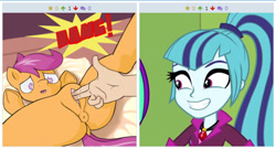 Size: 516x279 | Tagged: explicit, artist:coinpo, scootaloo, sonata dusk, anus, bang, bed, clitoris, derpibooru, dock, edit, edited screencap, equestria girls, exploitable meme, female, finger gun, fingering, foalcon, g4, heart clitoris, heart eyes, human, human on pony action, imported from derpibooru, interspecies, juxtaposition, juxtaposition win, literal, love, meme, meta, my little pony equestria girls: rainbow rocks, nudity, ponut, pony, pow! ha-ha!, puckered asshole, screencap, sparkly eyes, spread legs, spreading, taunt, vagina, vulva, vulvar winking, wingding eyes