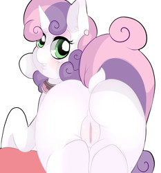 Size: 1400x1500 | Tagged: explicit, artist:fladdykin, sweetie belle, blushing, collar, dock, female, foalcon, g4, genitals, imported from derpibooru, nudity, solo, solo female, tail, vulva