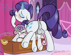 Size: 2109x1631 | Tagged: explicit, grimdark, artist:wuzzlefluff, rarity, sweetie belle, anal, anus, balls, blushing, butt, dialogue, dickgirl, doggy style, eyes closed, female, filly, floppy ears, foal, foalcon, from behind, futa, futa on female, futa on filly, futa rarity, g4, horn, hornboner, horngasm, horsecock, imported from derpibooru, incest, intersex, lip bite, lube, magic, nudity, open mouth, orgasm, penetration, penis, plot, ponut, pony, pony on pony action, raised leg, rape, rarity raping sweetie belle, sex, siblings, sisters, sweetie rape, taint, tongue out, underhoof, unicorn, vaginal secretions, vulva