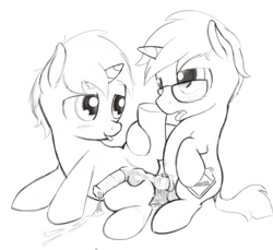 Size: 907x830 | Tagged: explicit, artist:a6p, oc, oc:baux, oc:roster, anal, anal creampie, anal orgasm, balls, blushing, colt, colt on colt, creampie, cum, cum while penetrated, cumming, foal, foalcon, gay, genitals, glasses, hands free, horsecock, imported from derpibooru, male, monochrome, nudity, oc only, oc x oc, orgasm, orgasm cumshot, penis, pony, pony on pony action, reasonably sized genitals, reverse foalcon, sex, simultaneous orgasm, tongue out, traditional art, unicorn