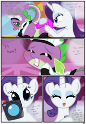 Size: 1741x2500 | Tagged: explicit, artist:pyruvate, rarity, spike, comic:dragon queen, camera, clothes, comic, crossdressing, dragon, female, femboy, femboy spike, femdom, foalcon, g4, horn, imported from derpibooru, indoors, legwear, maid, maid spike, male, malesub, pony, raridom, ship:sparity, shipping, sissy, spikesub, straight, submissive, thigh highs, unicorn