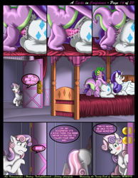 Size: 920x1185 | Tagged: explicit, artist:kitsuneyoukai, rarity, spike, sweetie belle, comic:a spike in confidence, anus, blushing, butt, comic, crotchboobs, dialogue, doggy style, dragon, erection, eyes closed, female, filly, first time, foal, foalcon, from behind, g4, happy, imported from derpibooru, interior, love, male, mare, nudity, open mouth, penetration, penis, plot, ponut, pony, prone, rarity's bedroom, sex, ship:sparity, shipping, spread legs, straight, talking, unicorn, vaginal, vaginal secretions, virgin, wingless spike