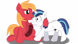 Size: 3628x2040 | Tagged: explicit, artist:jbond, shining armor, big macintosh, colt, confused, duo, duo male, earth pony, foal, foalcon, g4, gay, high res, imported from derpibooru, male, nudity, open mouth, penis, pony, sheath, sheathed, ship:shiningmac, shipping, simple background, sitting, tongue out, unicorn, vector, white background