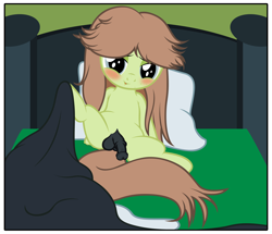 Size: 4368x3755 | Tagged: explicit, artist:badumsquish-edits, oc, oc:checked privilege, bed, bedroom eyes, blushing, derpibooru exclusive, eager, edit, flaccid, foalcon, fury belle, g4, horsecock, imported from derpibooru, looking at you, nudity, oc only, on back, penis, pillow, presenting, reasonably sized genitals, show accurate, show accurate porn, small penis, solo, transgender
