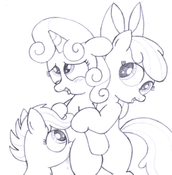 Size: 2111x2156 | Tagged: explicit, artist:an-tonio, apple bloom, scootaloo, sweetie belle, blushing, cmc threesome, cunnilingus, cutie mark crusaders, earth pony, female, filly, foal, foalcon, g4, high res, imported from derpibooru, lesbian, monochrome, oral, pegasus, pony, ship:sweetiebloomaloo, shipping, tongue out, traditional art, trio, unicorn