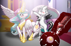 Size: 1024x658 | Tagged: explicit, artist:leinad56, princess celestia, oc, oc:aero ruinwing, an egg being attacked by sperm, canon x oc, colt, colt on mare, cum, doggy style, female, foal, foalcon, from behind, g4, imported from derpibooru, impregnation, incorrect leg anatomy, male, mare, nudity, penetration, penis, pony, sex, straight, straight shota, vaginal