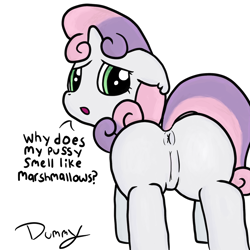 Size: 1280x1280 | Tagged: explicit, artist:php26, sweetie belle, anus, butt, female, filly, foal, foalcon, from behind, g4, imported from derpibooru, looking back, nudity, plot, solo, solo female, vulva