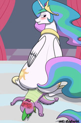Size: 791x1200 | Tagged: explicit, artist:caluriri, princess celestia, spike, ahegao, anus, blushing, cum, cumming, dragon, female, foalcon, g4, imported from derpibooru, interspecies, looking back, male, nudity, obscured penetration, orgasm, sex, ship:spikelestia, shipping, size difference, straight, straight shota, swirly eyes