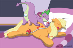 Size: 1200x791 | Tagged: explicit, artist:caluriri, applejack, spike, anal, anal insertion, bed, blushing, buttplug, dragon, female, foalcon, g4, humping like there's no tomorrow, imported from derpibooru, insertion, male, nudity, penetration, penis, sex, sex toy, ship:applespike, shipping, straight, vaginal insertion, vaginal secretions, vibrator, vulva