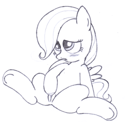 Size: 2012x1954 | Tagged: explicit, artist:an-tonio, fluttershy, blushing, female, filly, foal, foalcon, g4, imported from derpibooru, monochrome, nudity, solo, solo female, traditional art, vaginal secretions, vulva