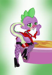 Size: 1741x2500 | Tagged: explicit, artist:pyruvate, artist:reduxdrawer8k, spike, comic:dragon queen, anus, ass, balls, bottomless, butt, clothes, crossdressing, dragon, dragonbutt, edit, femboy, fishnet stockings, foalcon, g4, high heels, imported from derpibooru, legwear, male, nudity, penis, raised tail, school uniform, sissy, skirt, skirt boner, small penis, solo, solo male, stockings, the ass was fat, thigh highs, upskirt